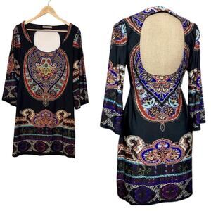 Bailey Blue Size Large Black Boho Paisley Open Back Long Sleeve Summer Dress